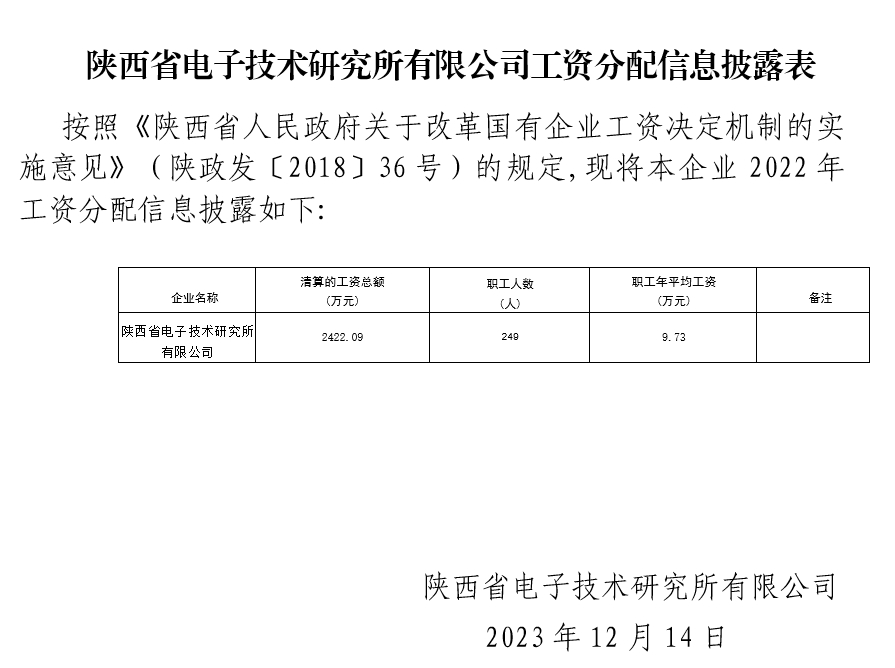 陜西省電子技術(shù)研究所有限公司工資分配信息披露表